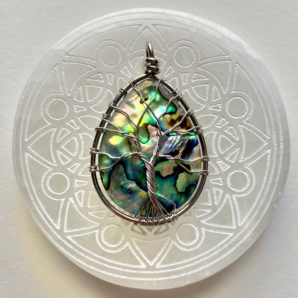 Teardrop Abalone & Silver "Tree of Life" Necklace